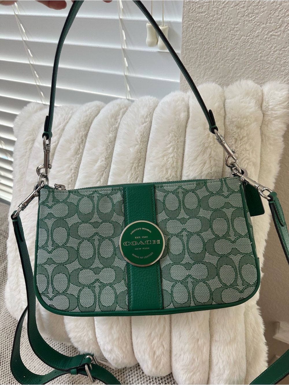 Coach Lonnie 25 Green Signature Canvas Shoulder Bag with Green Leather Trim